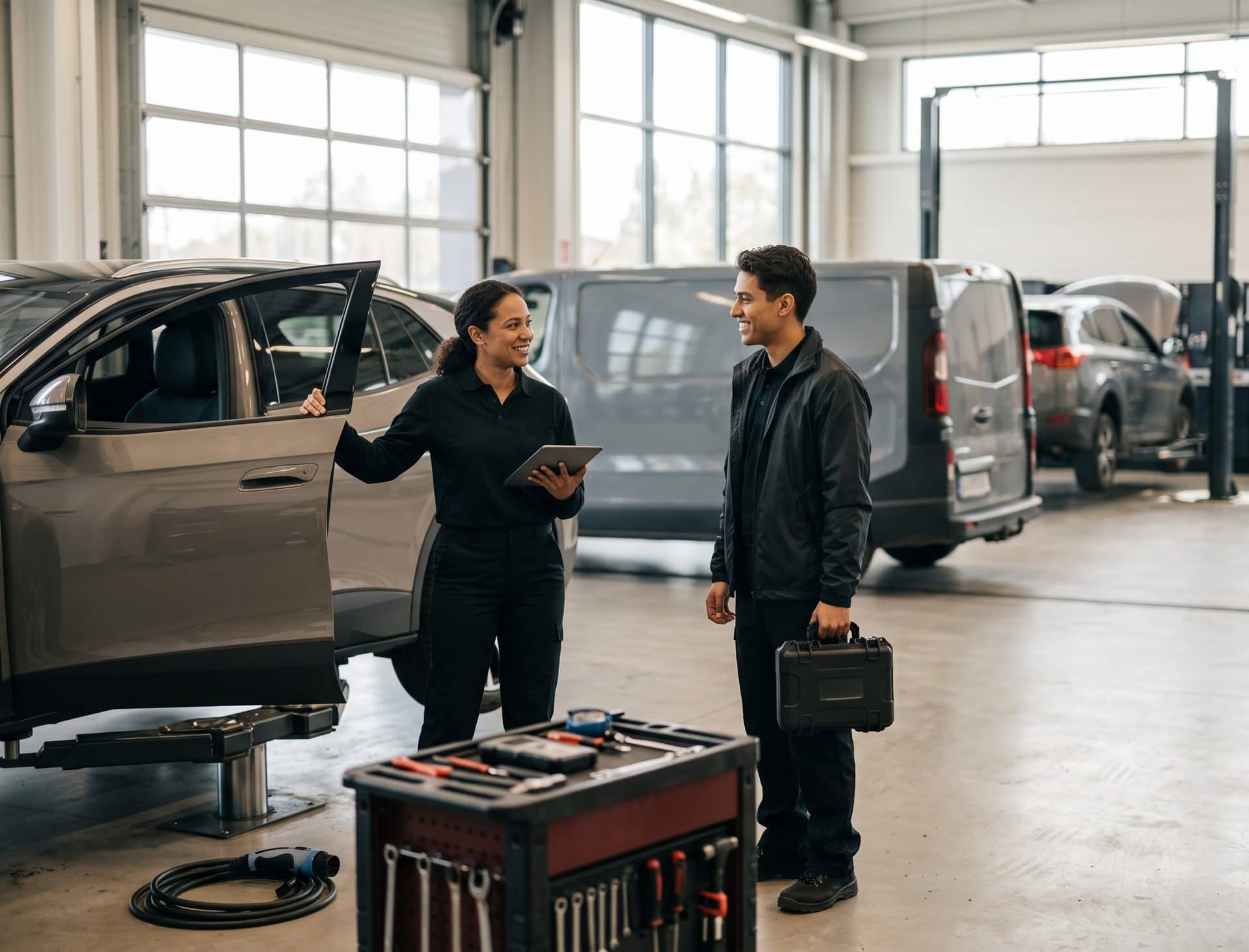 A service technician with a tablet and a mobile service technician holding a diagnostic case, talking beside an SUV in a bright service center